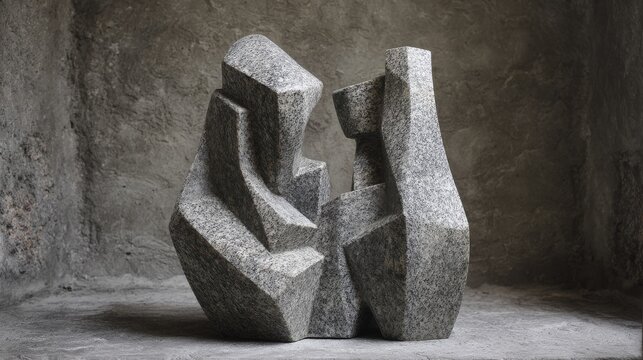 Abstract granite sculpture formed from interlocking geometric stone blocks