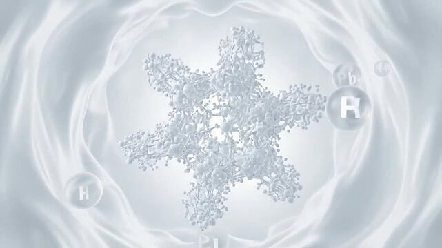 Abstract molecular structure with suspended nutrient spheres in a fluid