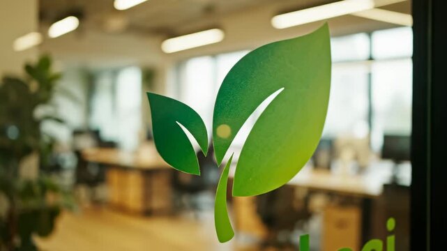 Green leaf sticker on office window.