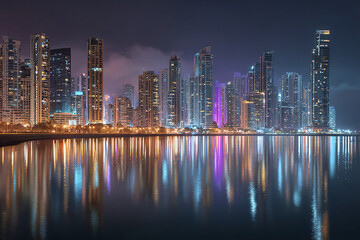 Obraz premium Coastal city skyline at night with colorful skyscraper lights reflecting on calm water, creating vibrant and serene urban atmosphere