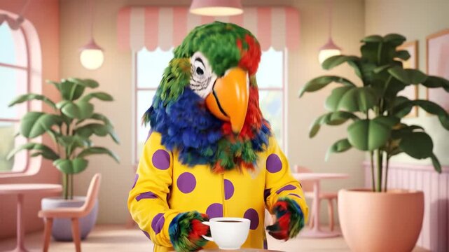 Vibrant Parrot Mascot Enjoying Coffee in a Whimsical Cafe