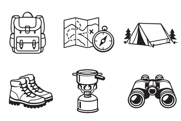 Minimalist vector collection of travel camping icons featuring a tent, compass, boots, map, bag, and binoculars, designed with simple lines for adventure and exploration concepts. © primus