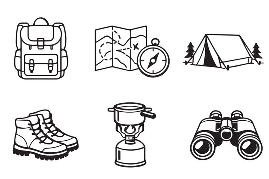 Minimalist vector collection of travel camping icons featuring a tent, compass, boots, map, bag, and binoculars, designed with simple lines for adventure and exploration concepts.