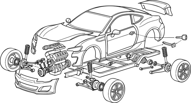 Exploded view line art vector of car chassis, engine and auto parts