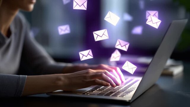 A person engaging in digital communication as they type on a laptop, with virtual email notifications appearing as envelopes representing incoming messages in a modern workspace.