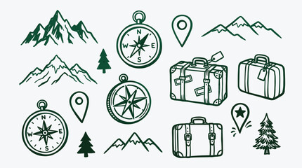 Hand Drawn Travel Icons Set with Mountains Compasses and Suitcases