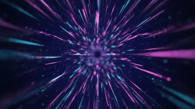 Hyperspace tunnel with glowing particles streaking towards the center, creating a sense of speed and motion through the cosmos