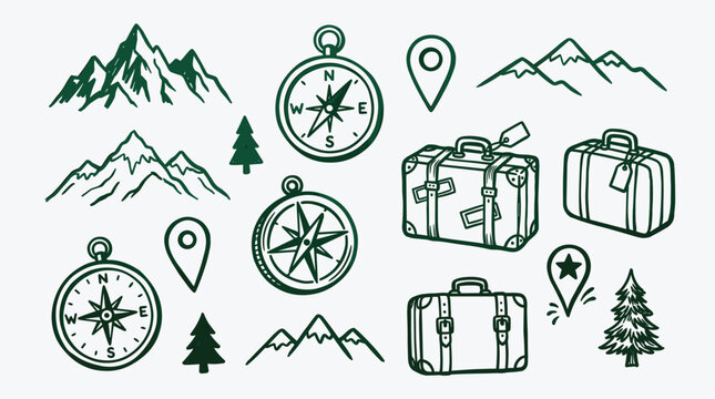 Hand Drawn Travel Icons Set with Mountains Compasses and Suitcases