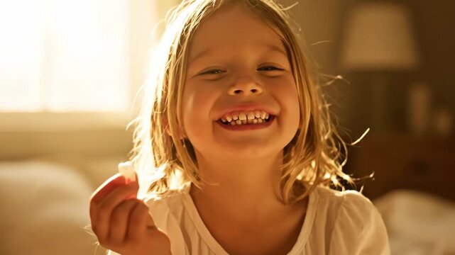 Happy child proudly displays first lost tooth with a radiant smile
