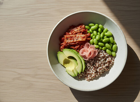 Healthy Gut Friendly Quinoa Bowl with Kimchi and Avocado