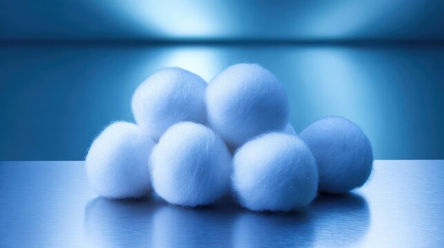 A stack of soft, sterile white cotton balls arranged on a reflective surface, conveying cleanliness and medical care.