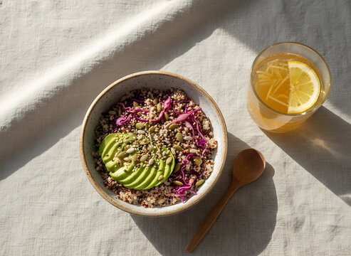 Nutritious quinoa bowl with avocado and probiotic drink in sunlight