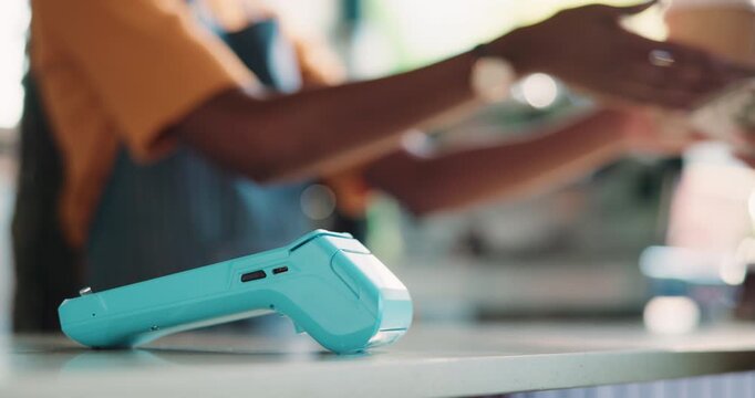 Hand, phone and payment with customer in coffee shop for transaction at wireless point of sale. App, nfc and tap to pay with cardless service in cafe or restaurant for convenience or hospitality