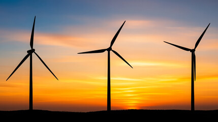 Fototapeta premium Wind turbine, renewable energy, sunset, silhouette, landscape, clean power, peaceful scene