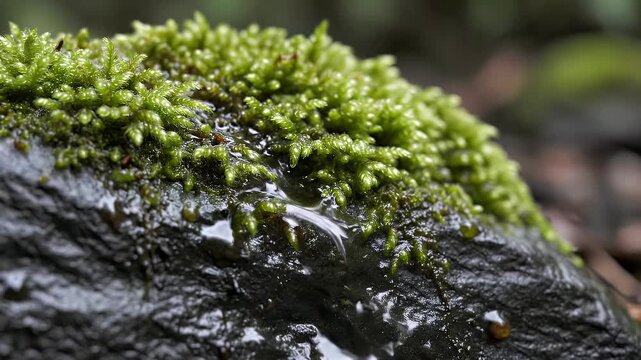 Wet green moss with water dripping onto its vibrant surface