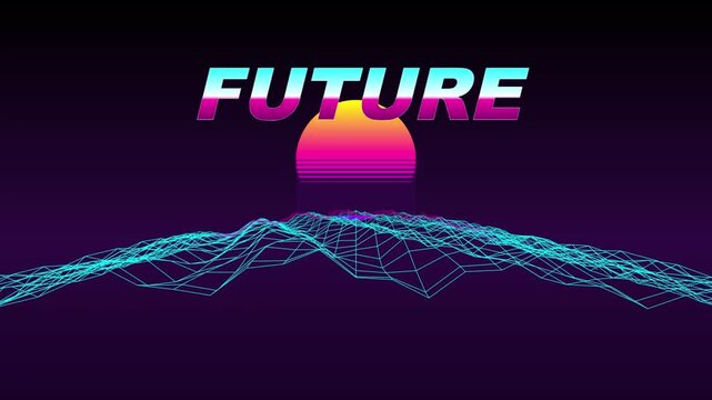 Vibrant retro-futuristic digital landscape with 'FUTURE' text and glowing sun, an 80s synthwave graphic.