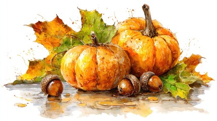 Watercolor illustration depicts ripe gourds nestled among colorful foliage and scattered nuts.
