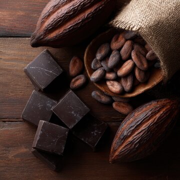 flat lay cocoa beans chocolate pieces and cacao pods on wooden table artisan chocolate concept