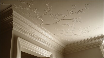 Ornate plaster molding and delicate tree branch relief adorn an interior room ceiling