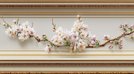 Ornate architectural panel features a detailed relief of blossoming tree branches set within gilded molding.