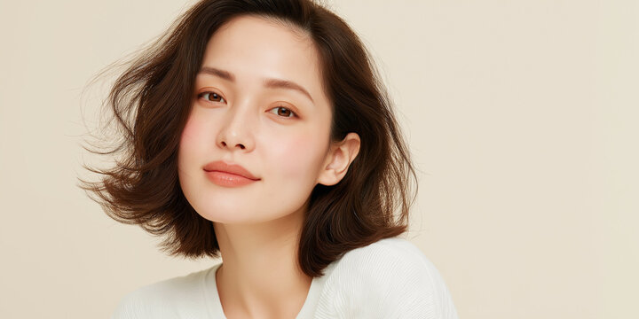 日本人, 女性, 50代, 40代, ミドル, シニア, 美容, スキンケア, エイジングケア, 健康, ライフスタイル, 美人, ナチュラル, 清潔感, 透明感, 白背景, コピースペース, 広告素材, 信頼感, 微笑み, ウェルビーイング, 上半身, 視線, ポニーテール, 化粧品, エステ, 自己肯定感, オーセンティック, ポジティブエイジング, 日本, ウェルエイジング, サプリメント,