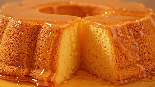 Close-up shot of rich golden sponge cake texture being drizzled with sweet honey or syrup, creating a tempting and decadent dessert scene.
