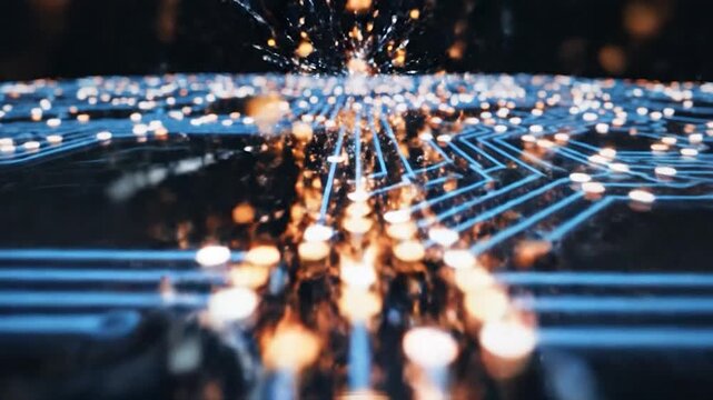 Glowing circuit board with blue lines.