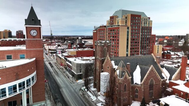 Brampton City Hall Clock Tower Downtown Brampton Ontario Canada Daytime Aerial Drone Panning Shot