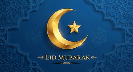Naklejka premium Eid mubarak greeting card with golden crescent moon and star on blue background
