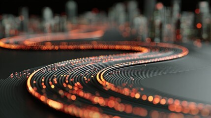 Glowing data streams move across a futuristic cityscape infrastructure