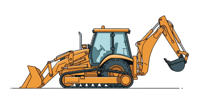 Yellow backhoe loader illustration on white background. Side view of heavy construction machinery with crawler tracks, front loader bucket, and rear excavator arm hydraulic system.