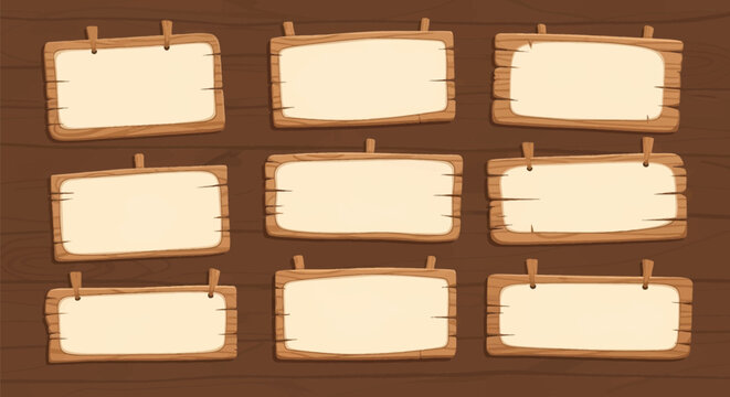 A collection of nine blank cartoon wooden signs and parchment banners arranged on a dark brown wood plank background for game interface design or website notification elements.