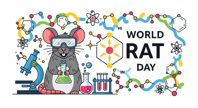 Gray rat in goggles and lab gear celebrates world rat day with colorful molecular structures and science equipment
