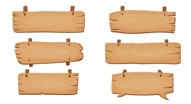 Set of six cartoon wooden blank banners and signboards featuring light brown wood grain, cracked edges, and rope attachments, isolated on a white background for text placement.
