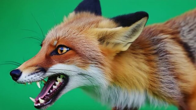 Red fox snarling with sharp teeth in vibrant green forest background