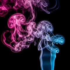 Obraz premium Vibrant magenta and cyan plumes of colored smoke ascend against a solid black background