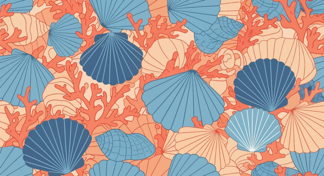 Seamless vector illustration of stylized seashells and coral reef elements. Features blue scallop shells, beige spiral shells and orange coral branches in a flat layered design.