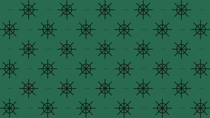Many black ship wheels on a green background pattern suitable for nauticalthemed designs, maritime decor, or sailorthemed projects. © dhani_kwok