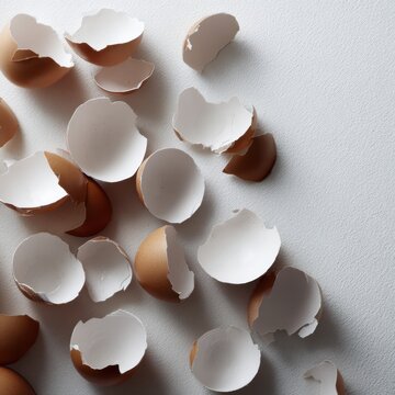 Broken brown eggshell halves scattered on table surface