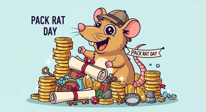 A cheerful cartoon mouse wearing a hat holds scrolls and surrounded by coins and treasures on pack rat day