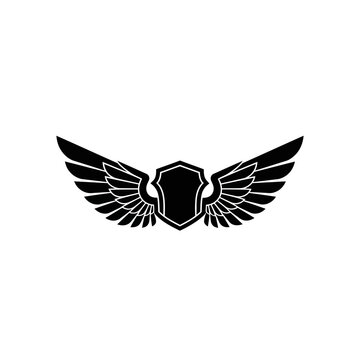 Black shield with wings logo symbol.