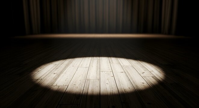 Empty wooden theater stage with a single bright spotlight
