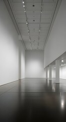 Fototapeta premium Empty modern art gallery hall with white walls and reflective floor