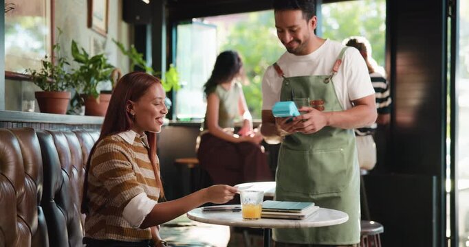 Payment, credit card and people in cafe with machine, eft service and online transfer in pos system. Checkout, customer and waiter with tech, cashless and wireless transaction in electronic banking.