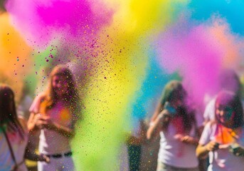 Obraz premium Group of women celebrating Holi festival with colorful powder explosion. People throwing vivid gulal dust in air. Traditional Indian spring event, joy, freedom and cultural unity concept.