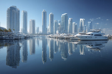 Fototapeta premium Luxury yacht marina city skyline reflection water high rise buildings clear sky