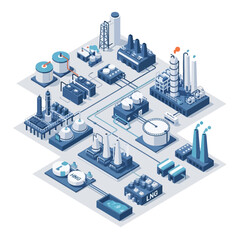 Fototapeta premium Isometric illustration of a complex industrial facility, showcasing interconnected processing units, storage tanks, and pipelines for energy production and distribution.