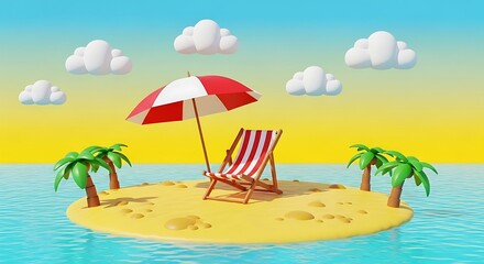 Obraz premium 3D Rendering of a Tiny Tropical Island in the Ocean with Beach Chair Parasol and Palm Trees under Sunny Sky