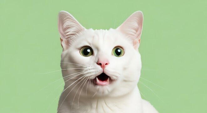 Surprised white cat with open mouth on green background