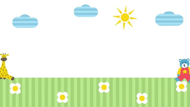 Children Animation. Moving Toys. Doll, Ball, Giraffe, Butterfly, Bear, Sun, Clouds, Flowers. Toys for Little Children. Video in Red, Blue, Yellow, Green, White